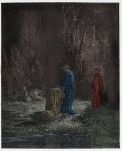 Purgatorio, Canto 7: El poeta Sordello, asombrado, se arrodilla ante Virgilio, ilustración de La Divina Comedia de Dante Alighieri, 1885 de Gustave after Dore